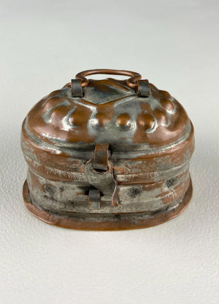 Hand Pounded Copper Cricket Boxes with Hinged Lids. Set of 4 Oval Metal Boxes with Perforated Bases. Rustic Collection of Containers.