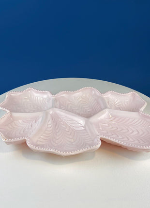 Vintage Shell Pink Jeanette Milk Glass Divided Serving Platter. Stunning 3-d Feather Motif. 6 Section Bowl. Appetizers Condiments Fruit.