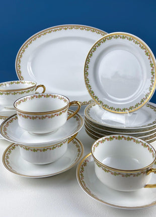 Antique Limoges Porcelain Tea Set with Clover Trim. Set of Six Dessert Plates, 5 Cups and Saucers, & Oval Serving Platter. Haviland France.