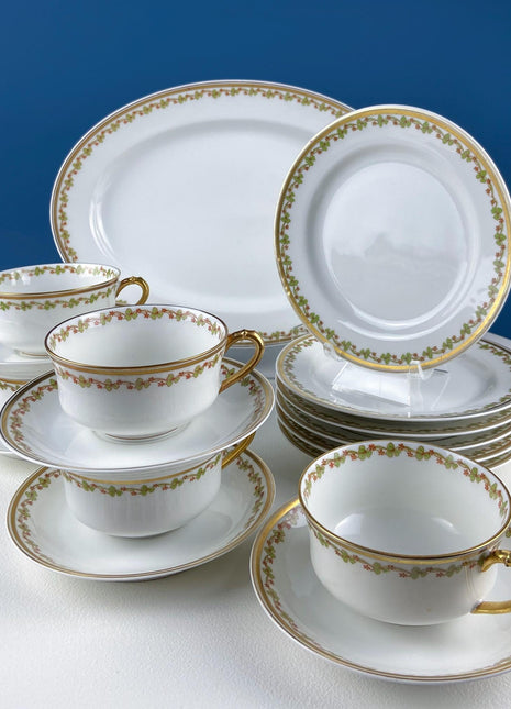 Antique Limoges Porcelain Tea Set with Clover Trim. Set of Six Dessert Plates, 5 Cups and Saucers, & Oval Serving Platter. Haviland France.
