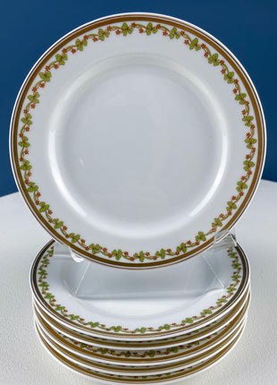 Antique Limoges Porcelain Tea Set with Clover Trim. Set of Six Dessert Plates, 5 Cups and Saucers, & Oval Serving Platter. Haviland France.