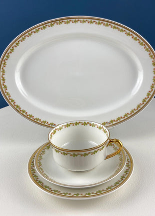 Antique Limoges Porcelain Tea Set with Clover Trim. Set of Six Dessert Plates, 5 Cups and Saucers, & Oval Serving Platter. Haviland France.