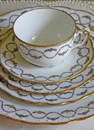 Antique Limoges Porcelain Tea Set with Clover Trim. Set of Six Dessert Plates, 5 Cups and Saucers, & Oval Serving Platter. Haviland France.