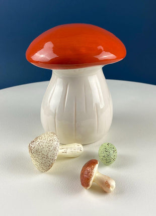 Ceramic Orange & White Whimsical Mushroom Statuette. Seasonal Dining Room Table Decor. Kids Room. Fall Halloween Thanksgiving Celebration.