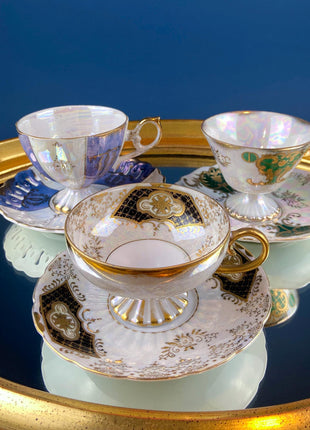 Vintage Collection of 2 Tea or Coffee Cups & Saucers. Stafford June Roses. 8" Dessert Plate and Blue Glass Vase. Tea for 2. Breakfast in Bed