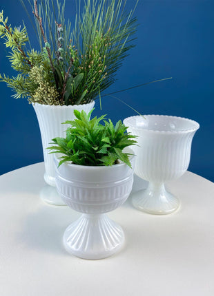 Collection of 3 Vintage Milk Glass Fluted Vases or Planters. Elegant White Minimal Design. Modern Home Decor. Window Sill Garden.