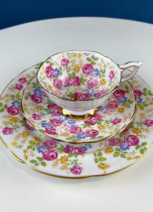 Vintage Collection of 2 Tea or Coffee Cups & Saucers. Stafford June Roses. 8" Dessert Plate and Blue Glass Vase. Tea for 2. Breakfast in Bed