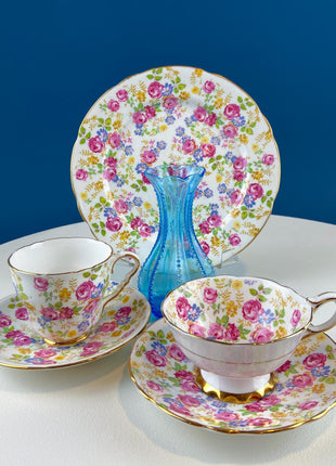 Vintage Collection of 2 Tea or Coffee Cups & Saucers. Stafford June Roses. 8" Dessert Plate and Blue Glass Vase. Tea for 2. Breakfast in Bed