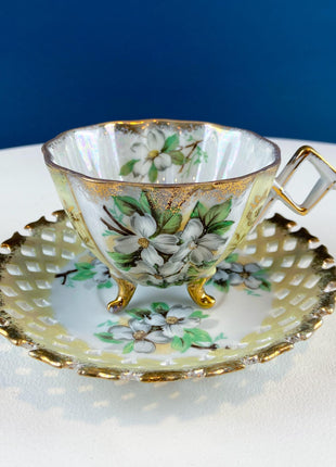 Vintage Iridescent Pearlescent Cup & Saucer. Light Yellow Reticulated Saucer. Jasmin Motif. Dining Room Decor. Gift for Tea Lover.