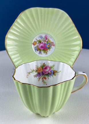 Vintage Foley Tea Cup & Saucer: Mint Green Floral Fine Bone China with Elegant Fluting