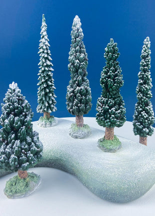 Large Village Snowy Evergreens by Dept. 56. Set of 5 Trees Cypresses for Christmas Village. Magic Holiday Home or Retail Display. Kids Room.