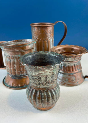 Antique Primitive Hand Pounded Copper and Tin Cups. Set of 4 Different Vessels. Beautiful Fluting. Rustic Home Decor. Gift for Him or Her.