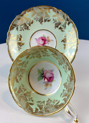 Rare 5 Piece Collection of Pastel Colored Vintage Paragon Cups & Saucers. Stunning Rich Design with Rose Motif and Gold Borders. Fine Dining