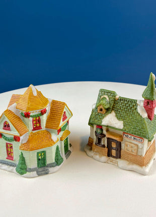 Village Collection of Small Christmas Illuminated Houses. Set of 4 Different Buildings: Inn, Hardware, Public House and Victorian House.