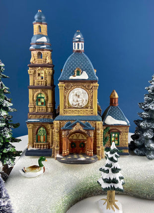 Porcelain Christmas Village St. Mary's Cathedral. Illuminated House of Worship. Home Retail Holiday Decor. Christmas Celebration. Kids Room.