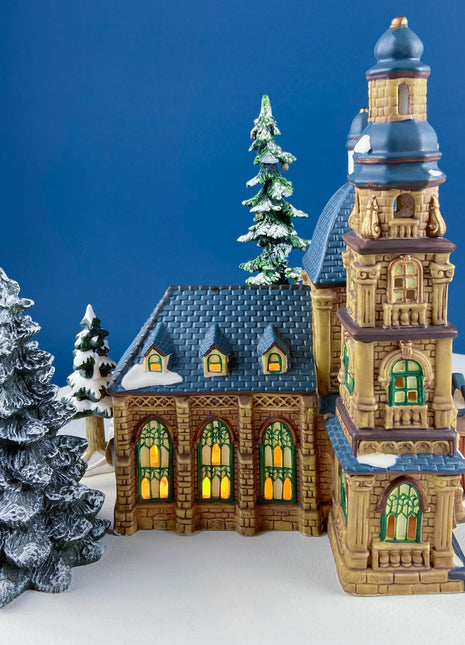 Porcelain Christmas Village St. Mary's Cathedral. Illuminated House of Worship. Home Retail Holiday Decor. Christmas Celebration. Kids Room.