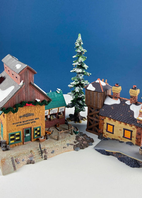 Christmas Village 2 Bldg. Complex North Eastern Sea Fisheries. Illuminated Porcelain Houses. Incredible Hand Painted Detail by Dept. 56.