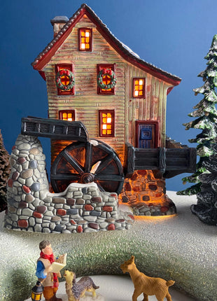 Landgrove Water Mill Porcelain Christmas Village House by O'Well. Santa's Workbench Collection. Holiday Home or Retail Display. Kids Room.