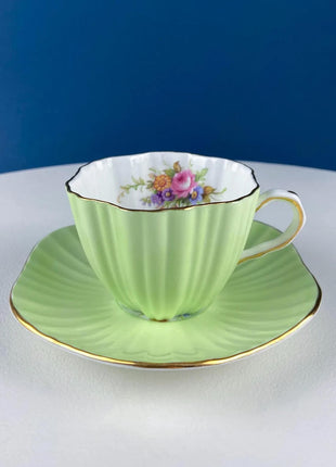 Vintage Iridescent Pearlescent Cup & Saucer. Light Yellow Reticulated Saucer. Jasmin Motif. Dining Room Decor. Gift for Tea Lover.