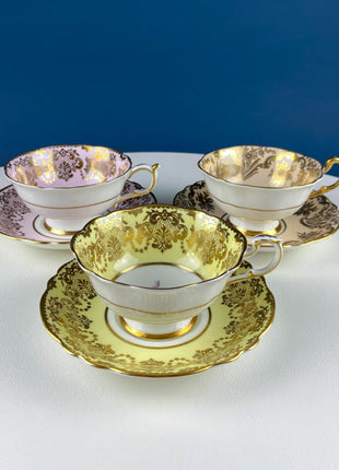 Vintage Aynsley Pink Tea Coffee Cup & Saucer. Bucket of Flowers Motif. Gold Leaf Border. Collectible Dining Room Decor. Hosting Essentials.