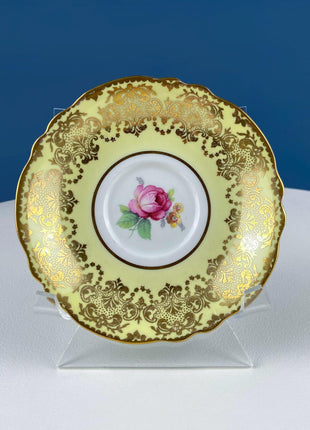 Vintage Paragon Yellow Tea Coffee Cup & Saucer. Red Rose Motif and Gold Floral Border. Collectible Dining Room Decor. Gift for Him Her.