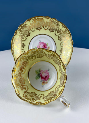 Vintage Paragon Yellow Tea Coffee Cup & Saucer. Red Rose Motif and Gold Floral Border. Collectible Dining Room Decor. Gift for Him Her.