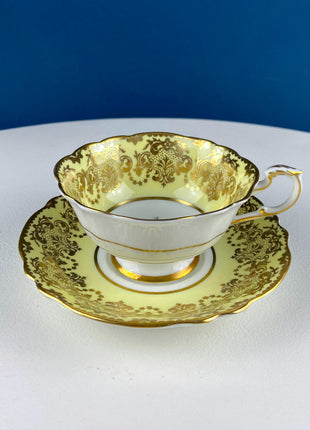 Vintage Paragon Yellow Tea Coffee Cup & Saucer. Red Rose Motif and Gold Floral Border. Collectible Dining Room Decor. Gift for Him Her.