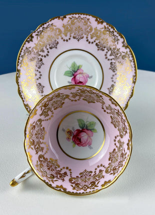 Vintage Paragon Pink Tea Coffee Cup & Saucer. Red Rose Motif and Gold Floral Border. Collectible Dining Room Decor. Gift for Him or Her.