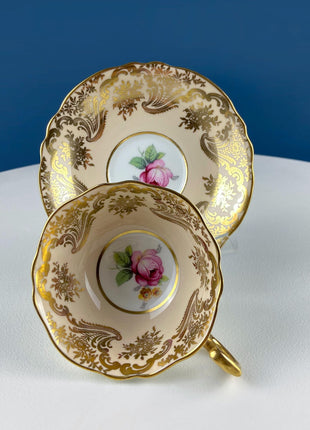 Vintage Paragon Peach Tea Coffee Cup & Saucer. Red Rose Motif and Gold Floral Border. Collectible Dining Room Decor. Gift for Him or Her.