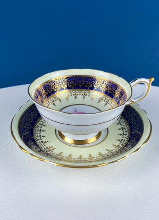 Vintage Paragon Cup and Saucer. Porcelain Tea Set. Lt Yellow with Dark Blue and Gold Bend. Rose Motif. Excellent Gift Idea for Tea Lover.