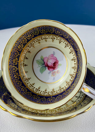 Vintage Paragon Cup and Saucer. Porcelain Tea Set. Lt Yellow with Dark Blue and Gold Bend. Rose Motif. Excellent Gift Idea for Tea Lover.