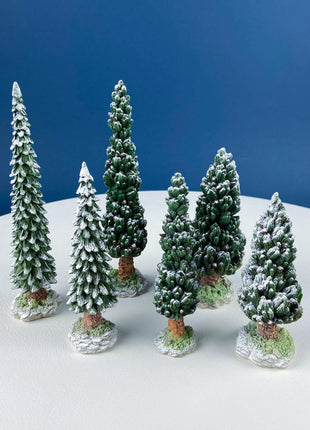 Village Snowy Evergreens by Dept. 56. Set of 6 Medium Trees Cypresses for Christmas Village. Holiday or Retail Display. Kids Room.