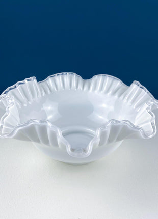 Silvercrest Bowl with Ruffled Edge. White Glass Fruit Bowl or Serving Dish with Clear Brim. Table Centerpiece. Serviceware. Wedding Gift.