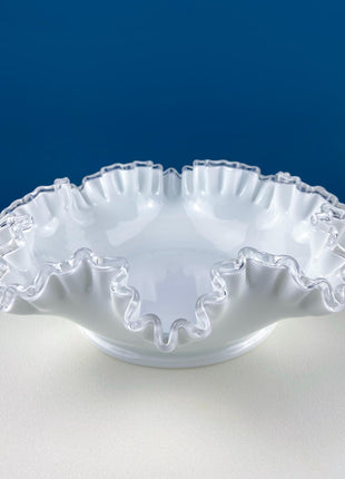 Large Silvercrest Bowl with Ruffled Edge. White Glass Fruit Bowl or Serving Dish with Clear Brim. Table Centerpiece. Wedding Gift.