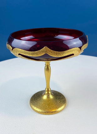 Rare Vintage Farber Bros. Art Deco Red Glass & Gold Compote. Exquisite Smooth Garnet Glass and Textured Gold Metal Frame. Table Centerpiece.