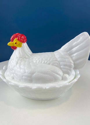 Fenton XL Serving Bowl Shaped like Nesting Hen with Yellow Face and Red Comb. Milk Glass Covered Dish. Dining Room Decor. Modern Country.