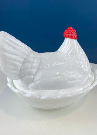 Fenton XL Serving Bowl Shaped like Nesting Hen with Yellow Face and Red Comb. Milk Glass Covered Dish. Dining Room Decor. Modern Country.