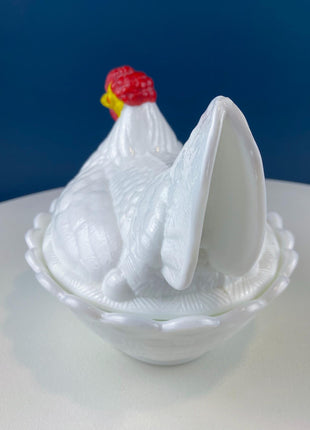 Fenton XL Serving Bowl Shaped like Nesting Hen with Yellow Face and Red Comb. Milk Glass Covered Dish. Dining Room Decor. Modern Country.