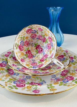 Vintage Collection of 2 Tea or Coffee Cups & Saucers. Stafford June Roses. 8" Dessert Plate and Blue Glass Vase. Tea for 2. Breakfast in Bed