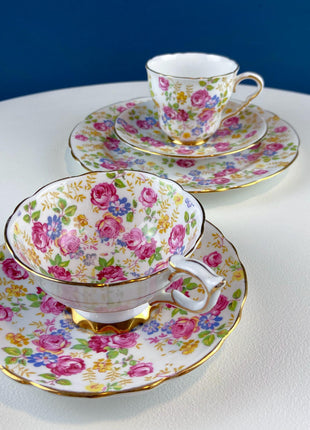 Vintage Collection of 2 Tea or Coffee Cups & Saucers. Stafford June Roses. 8" Dessert Plate and Blue Glass Vase. Tea for 2. Breakfast in Bed