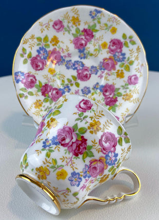 Vintage Collection of 2 Tea or Coffee Cups & Saucers. Stafford June Roses. 8" Dessert Plate and Blue Glass Vase. Tea for 2. Breakfast in Bed