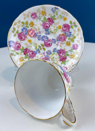 Vintage Collection of 2 Tea or Coffee Cups & Saucers. Stafford June Roses. 8" Dessert Plate and Blue Glass Vase. Tea for 2. Breakfast in Bed