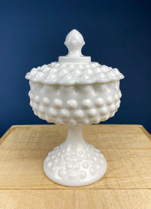 Vintage Milk Glass Footed Bowl with Lid. Circular Embossed Motif. White Bath Bedroom Vanity Storage. Dining Room Decor. Table Centerpiece.