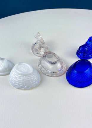 Vintage Collection of Miniature Glass Nesting Animals. Set of 3 Lidded Pill Boxes. Cobalt Blue Sheep Translucent Peach Cow White Opaque Hen