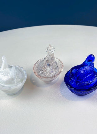 Vintage Collection of Miniature Glass Nesting Animals. Set of 3 Lidded Pill Boxes. Cobalt Blue Sheep Translucent Peach Cow White Opaque Hen