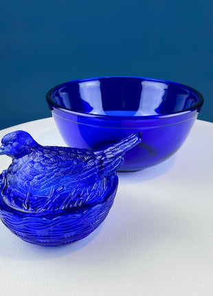 Vintage Shaped like a Nesting Dove Cobalt Blue Glass Lidded Serving Dish. Deep Blue Color. Dining Room Decor. Charming Gift for Him or Her.