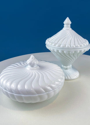 Vintage Milk Glass Set of Bowls with Lids. Swirl Motif. White Dishes for Bath Accessories, Bedroom Jewelry Storage, Candy. Gift for Him Her.
