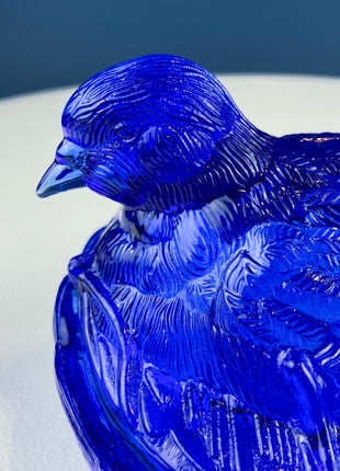 Vintage Shaped like a Nesting Dove Cobalt Blue Glass Lidded Serving Dish. Deep Blue Color. Dining Room Decor. Charming Gift for Him or Her.