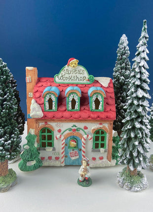 Illuminated Christmas Village Santa's Workshop by Enesco. Magical Porcelain House Toys for Good Girls & Boys. Holiday Home or Retail Decor.