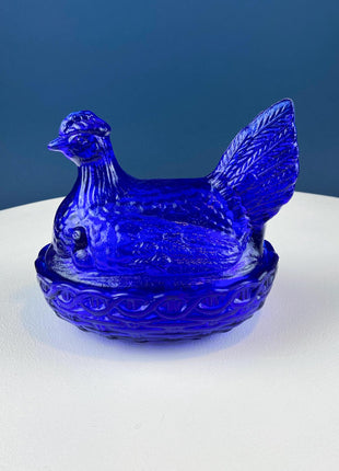 Vintage Shaped like a Nesting Dove Cobalt Blue Glass Lidded Serving Dish. Deep Blue Color. Dining Room Decor. Charming Gift for Him or Her.